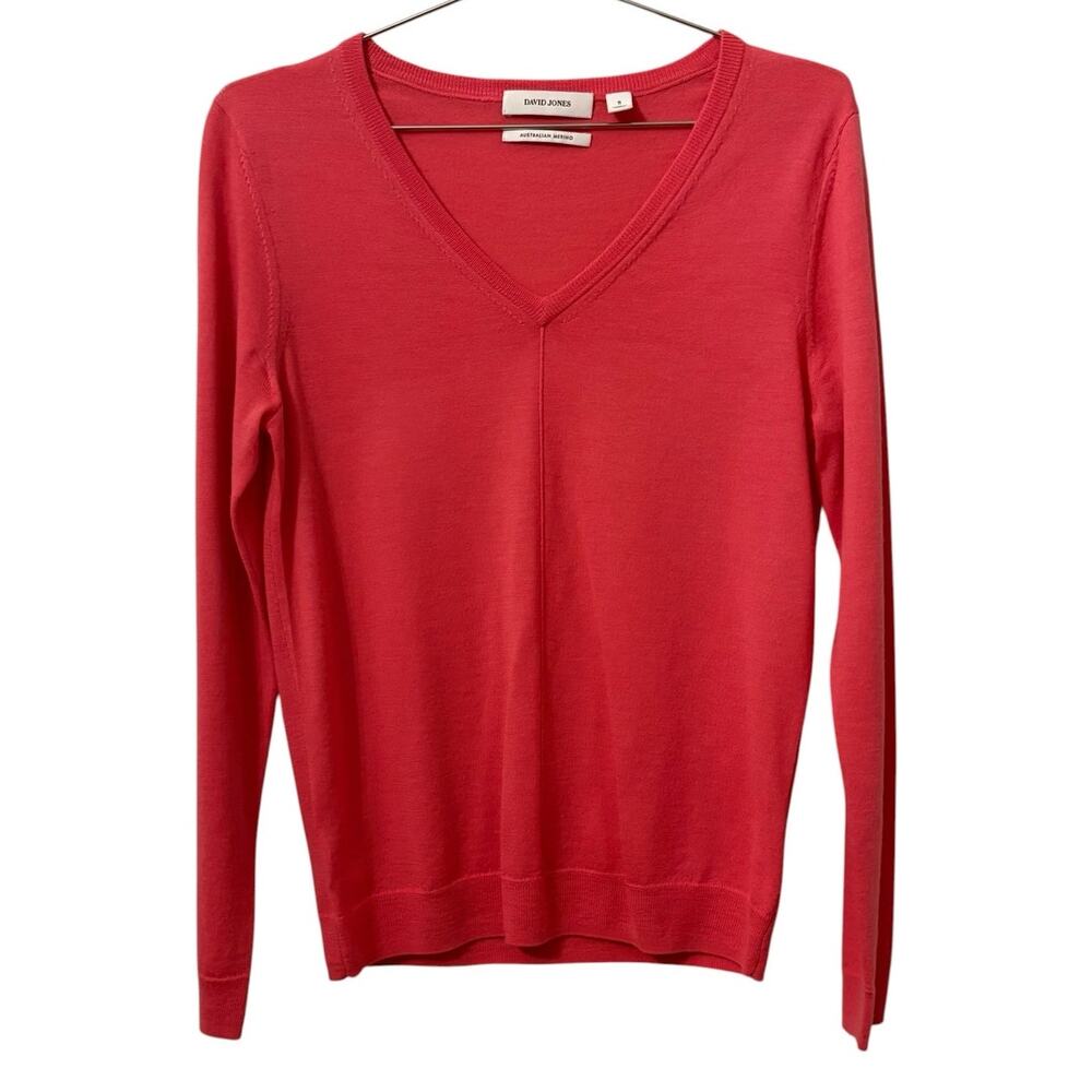 David Jones Women's Salmon Pink Australian Merino Wool V Neck Sweater S